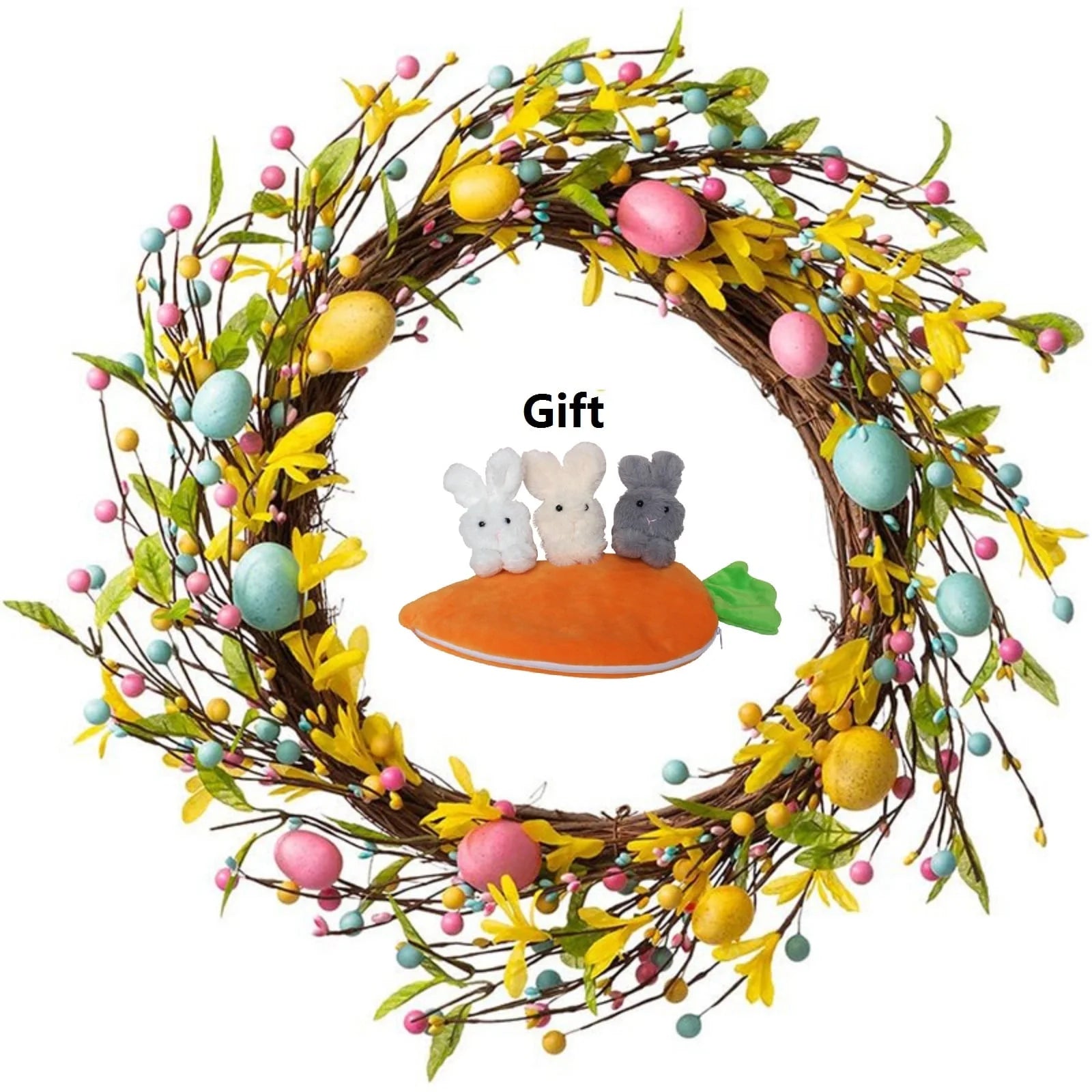 2PCS, Easter Bunny Wreath for Front Door,Easter Wreaths Artificial Easter Egg Rabbit Garland,Easter Decor,13.7X11.8Inch
