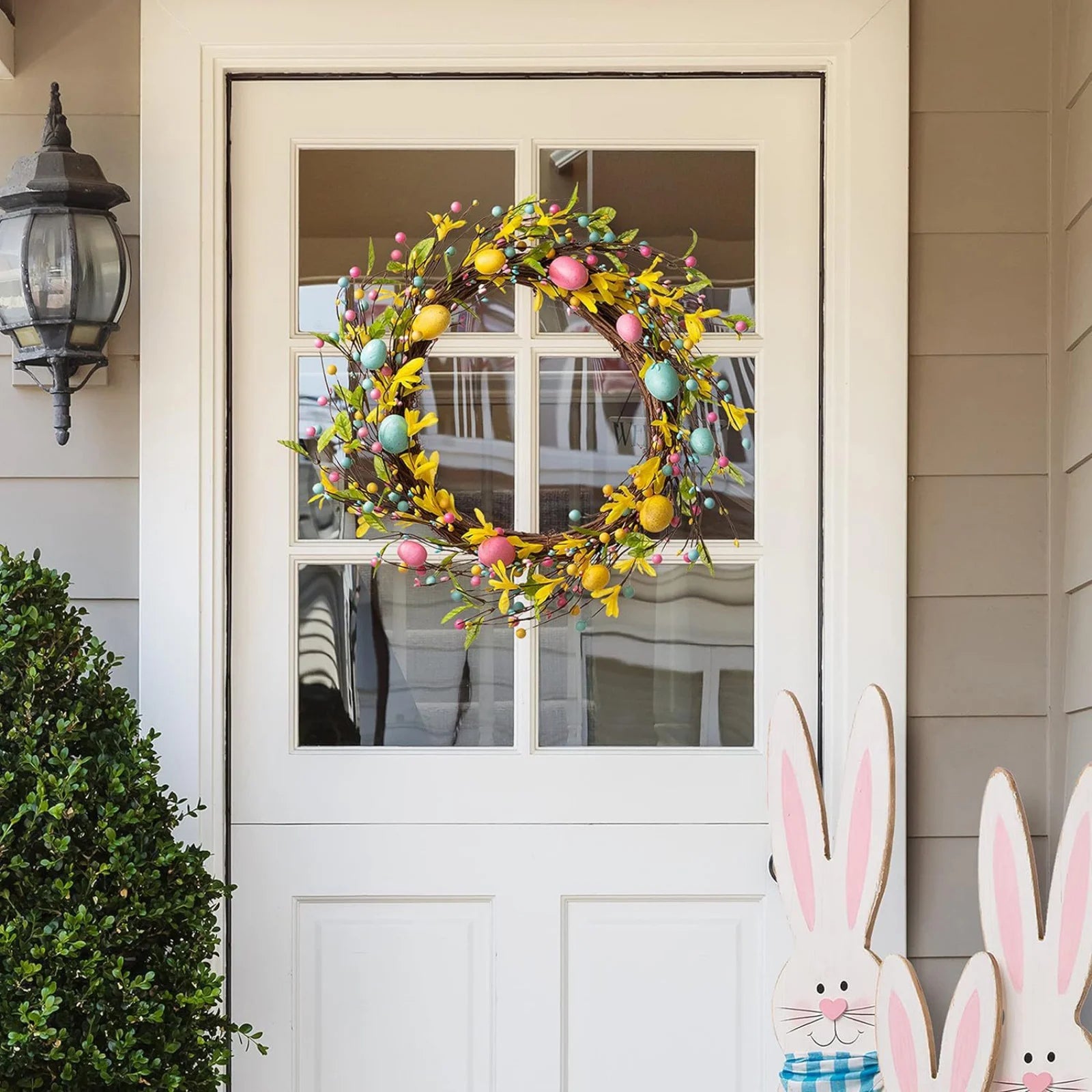 2PCS, Easter Bunny Wreath for Front Door,Easter Wreaths Artificial Easter Egg Rabbit Garland,Easter Decor,13.7X11.8Inch