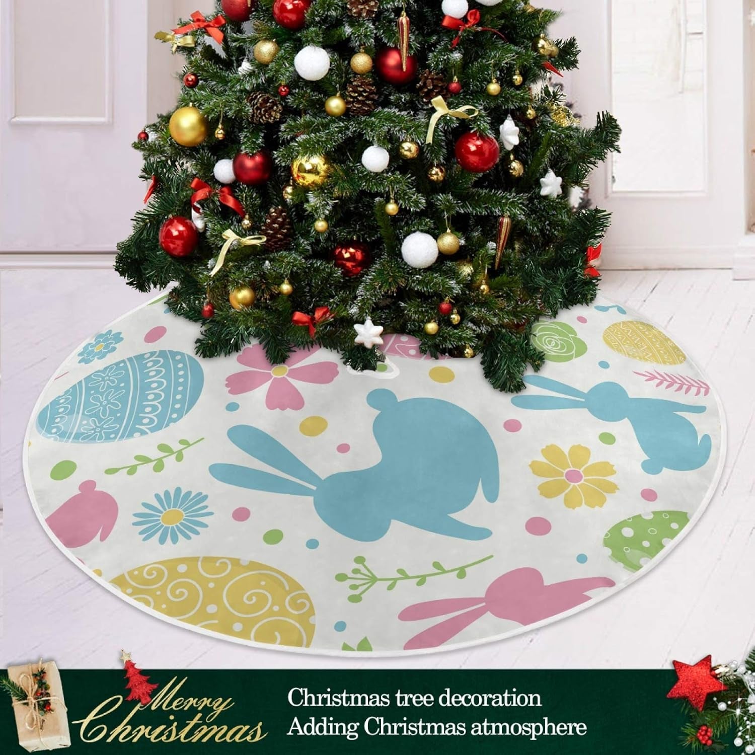 Easter Bunny Rabbit Tree Skirt, 35.4 Inch & 47.2 Inch, Polyester, Holiday & Easter, Tie Fixed